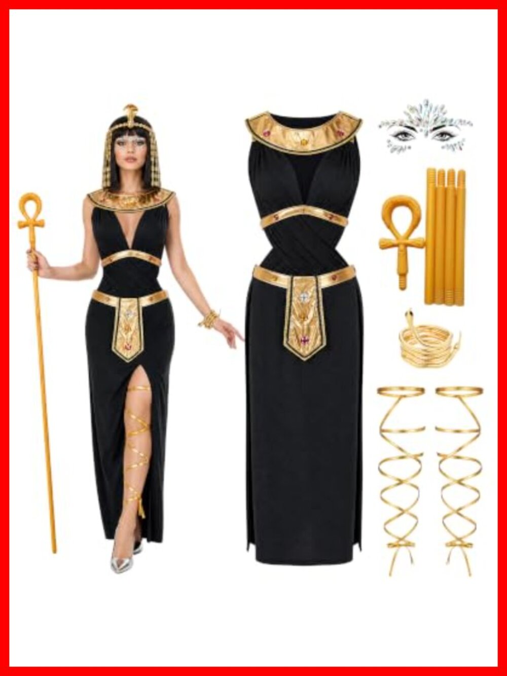8 Pc Egyptian Costume Set Headpiece Belt Dress Collar Staff Cosplay